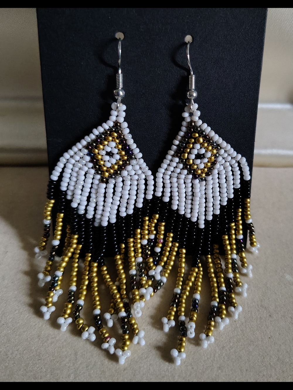 🚨New Handmade Seed Bead Fringe Earrings - White, Black & Gold Geometric Dangles